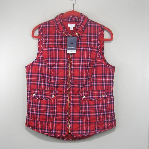 RED PLAID QUILTED PUFFER VEST SIZE LARGE - Picture 1 of 13